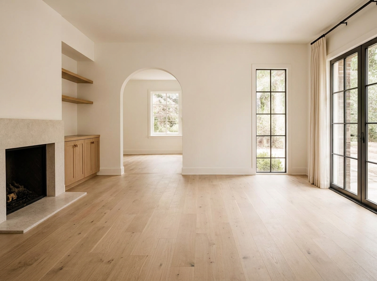 An empty, dated living room with worn carpet before staging