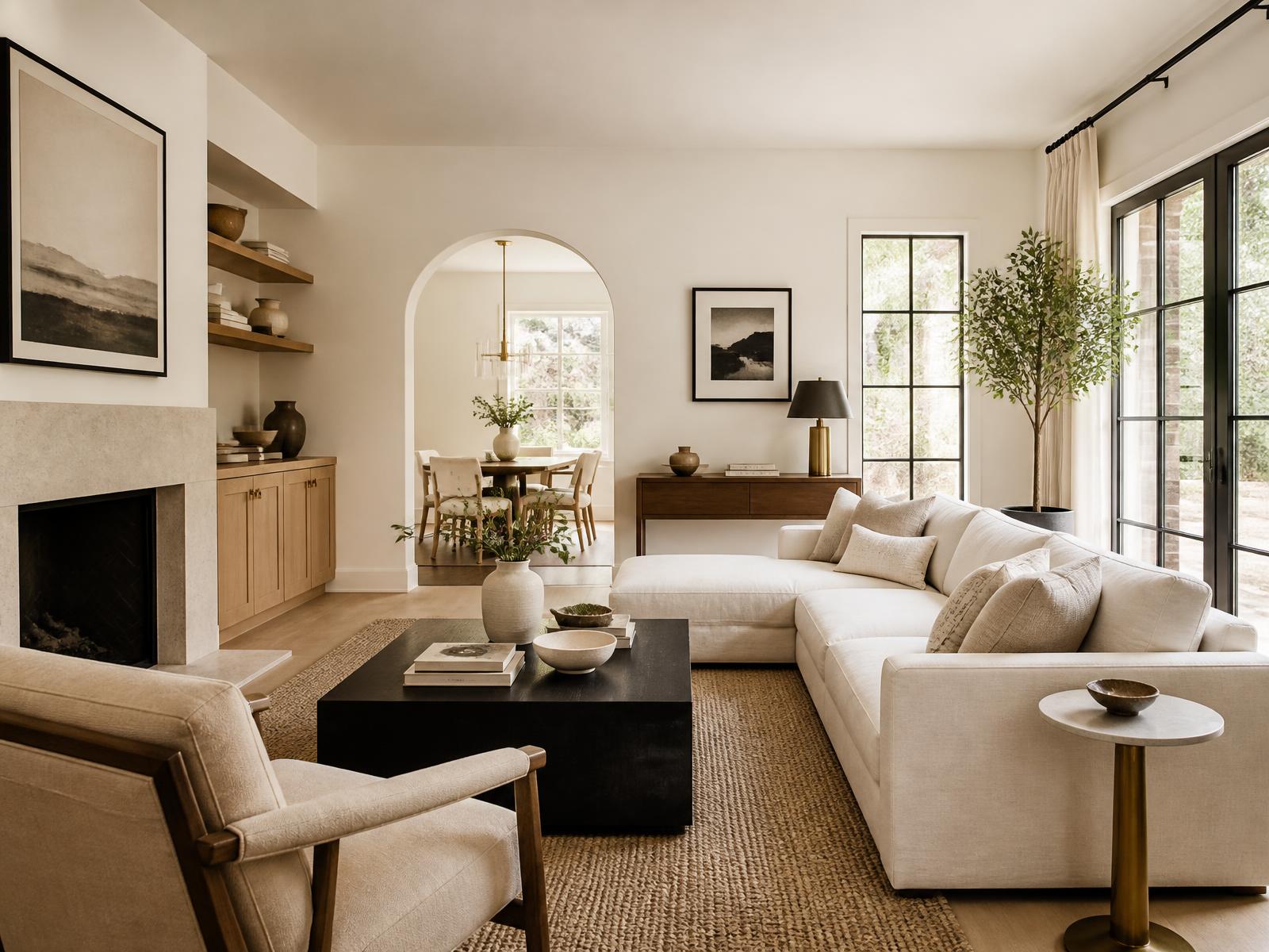 The same style of living room staged with linen seating and warm daylight