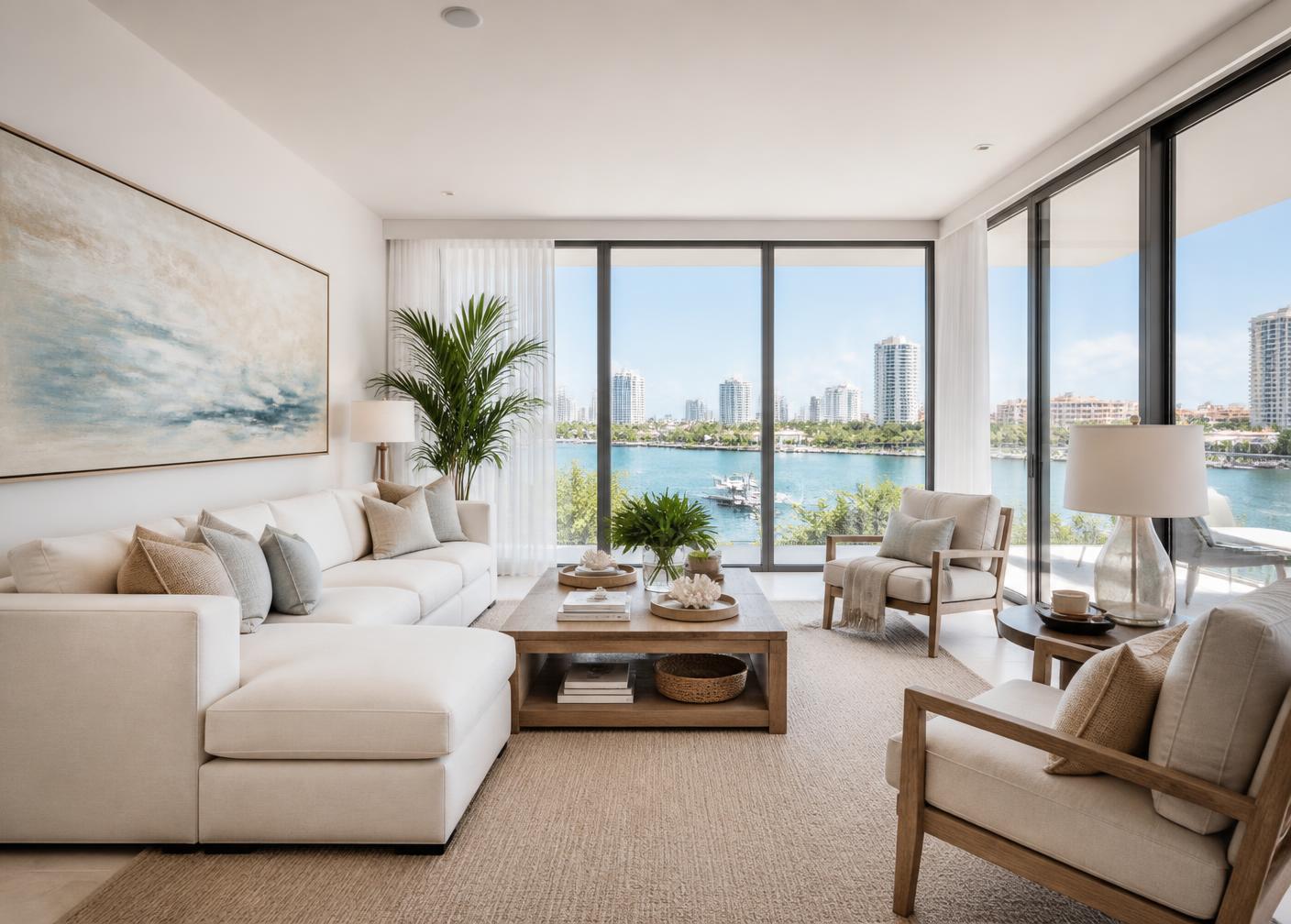 A vacant waterfront condominium staged to give each open-plan zone a clear purpose without competing with the view.
